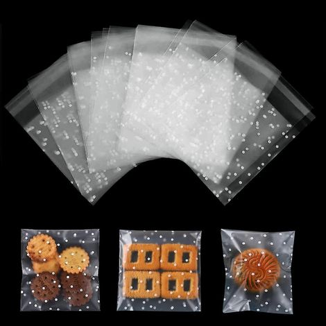 200 sachets en cellophane transparents (10 x 10 cm) avec autocollant, parfaits pour la pâtisserie, les biscuits, les bonbons, les bijoux, les savons, les cartes et autres gourmandises. (1/5)