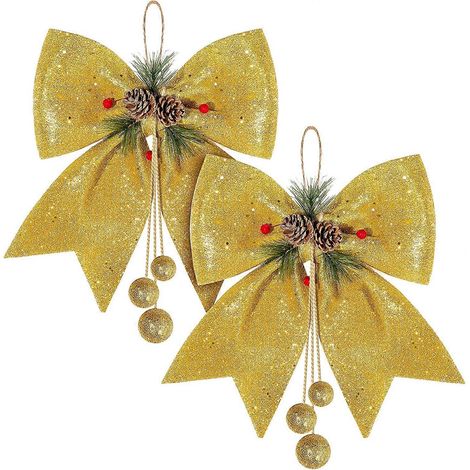Lot de 2 nœuds décoratifs de Noël, nœuds dorés en forme de couronne, grand nœud pour sapin de Noël, nœuds papillon à paillettes (1/5)