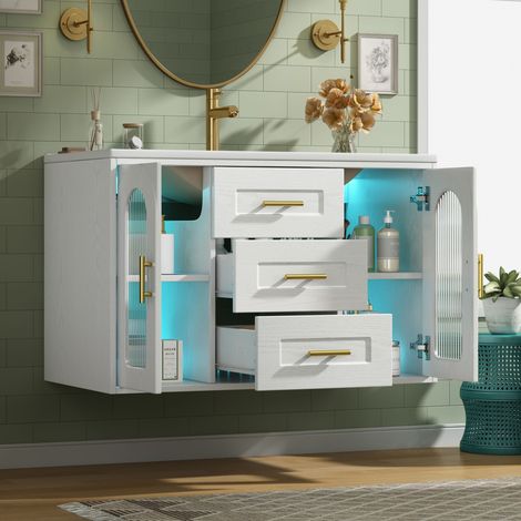 Meuble de salle de bain mural de 76 cm avec vasque, aspect bois blanc, porte en verre cannelé, éclairage LED, étagères et tiroirs réglables, meuble-lavabo moderne, sans robinetterie (1/5)