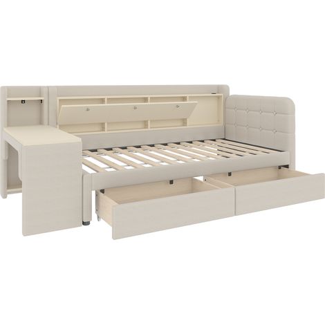 Cama nido 90 x 200 cm beige de lino y MDF con 2 cajones, escritorio, puertos USB y Type C (1/5)