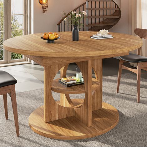 Mesa extensible 110-150 cm con almacenaje, redonda a ovalada, efecto madera DESVIAE (1/5)