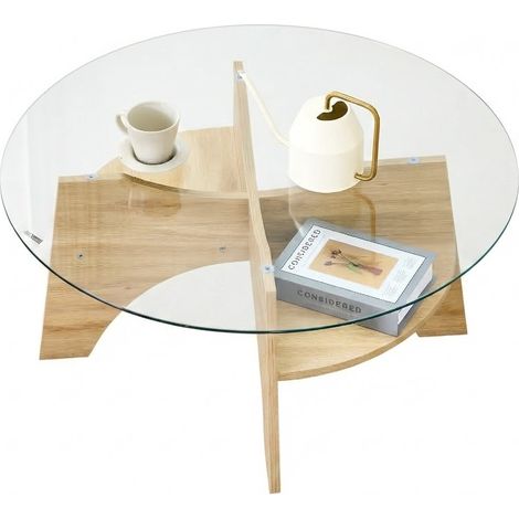 ELVMI Mesa de Centro Redonda con Tablero de Vidrio Templado y Base de Abanico, para Salon, 80×36 cm, Transparente (1/5)