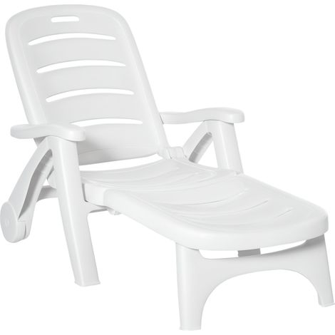 Outsunny Outdoor Folding Sun Lounger Recliner on Wheels w/ 5-Position Backrest, White