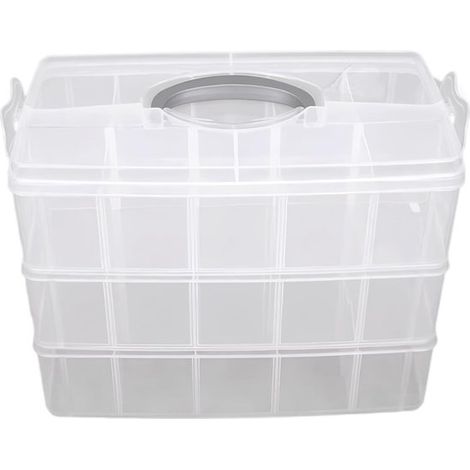 Cette boîte de rangement empilable à trois niveaux pour ruban adhésif décoratif est un contenant transparent avec séparateurs et poignée (1/5)