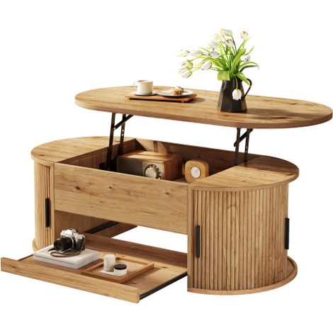 Table basse relevable, table de salon avec espace de rangement dissimulé, table de canapé moderne à structure rainurée, portes latérales coulissantes et rangement pratique, table basse multifonctionne
