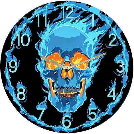 Horloge murale silencieuse de 30 cm (12 pouces) à motif de crâne et chiffres romains - Design audacieux de crâne en flamme bleue - Sans pile (1/5)