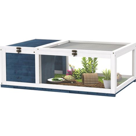 Enclos en bois de la maison de la tortue avec maisons principales : dessus articulé 91x60,5 x 32 cm, bleu