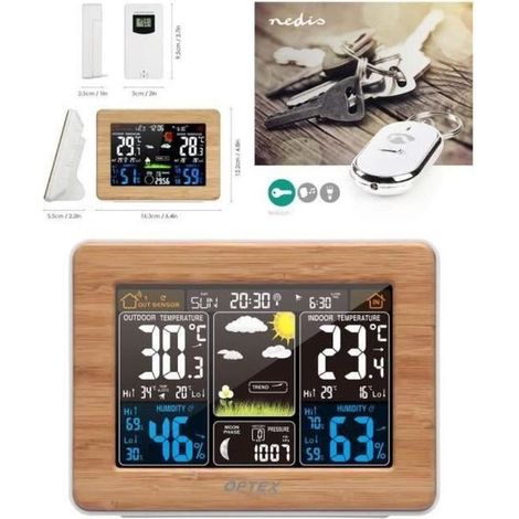 Wetterstation aus Holz für den Innen- und Außenbereich mit drahtlosem Wettersensor, Wettervorhersage, Farb-LCD-Bildschirm, Zeitanzeige, Wecker und pfeifendem Schlüsselanhänger. (1/5)
