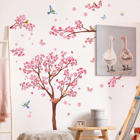 Grand arbre de fleurs de cerisier Stickers muraux rose fleur arbre branche Stickers muraux salon chambre bébé pépinière décoration murale (1/5)