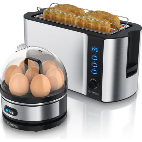 Arendo 2-teiliges Frühstücksset, 7er Eierkocher & Langschlitz Toaster für 4 Scheiben, Silber (1/5)