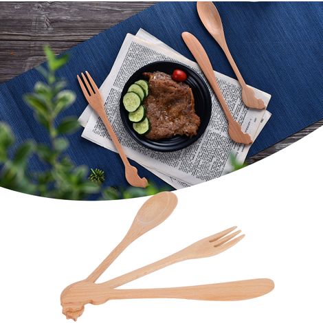 Ensemble de couverts de style japonais comprenant une cuillère, une fourchette et un couteau à long manche en bois. Ustensiles de cuisine. (1/5)