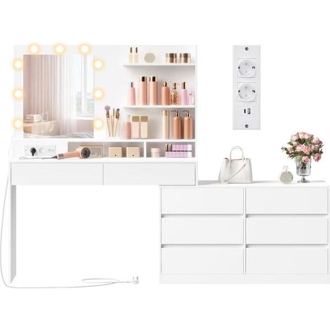 Coiffeuse modulable avec miroir LED 40 x 169,2 x 145,5 cm éclairage 3 couleurs 8 tiroirs style contemporain en panneau aggloméré blanc (1/2)