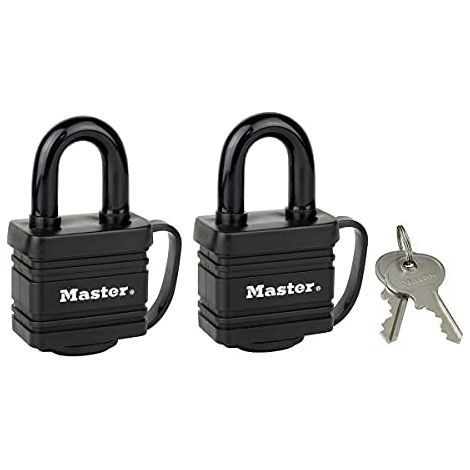 Master Lock 7804EURT Pack de 2 Cadenas en Acier Laminé à Clé et Protection Thermoplastique, Noir, 7,8 x 4 x 2,9 cm (1/6)