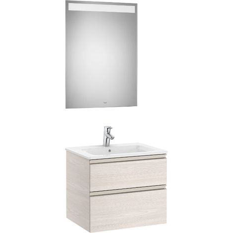 Pack meuble "The Gap" 600 - 2 tiroirs + lavabo slim + miroir LED - frêne nordic/poignées nickel mat - Roca (1/2)