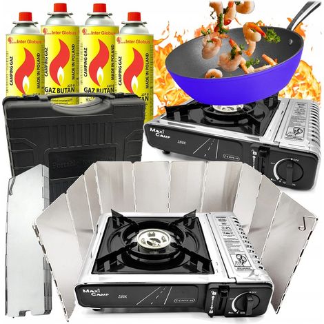 Fornello a gas da campeggio, acciaio inox, COPERCHIO, cartuccia x4 MaxiCamp