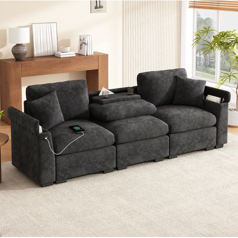 Sofá 3 plazas 242x80x88 cm gris en chenilla con mesa abatible, USB, portavasos y almacenaje (1/5)