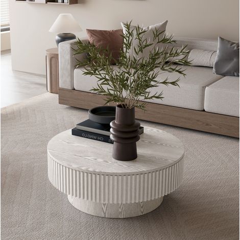 Mesa de centro redonda de 75 cm con espacio de almacenamiento, diseño de seta acanalada, madera chapada, color blanco retro. (1/5)