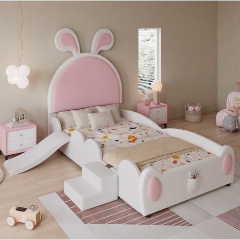 Letto bambini 90x200 cm singolo con mini scala, scivolo e testiera a orecchie di coniglio in ecopelle, senza materasso, bianco e rosa (1/5)