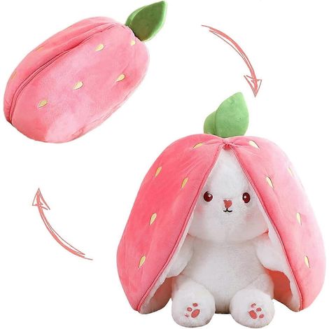 Peluche lapin réversible pour enfants, jouet lapin Muppet, coussin fraise avec fermeture éclair, adorable peluche décorative lapin pour garçons, filles, enfants et adultes (18 cm, fraise) (1/5)