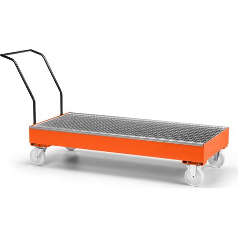 RR Industrietechnik Fahrbare Auffangwanne aus Stahl für 3x 200 Liter Fass mit Gitterrost RAL 2004 reinorange