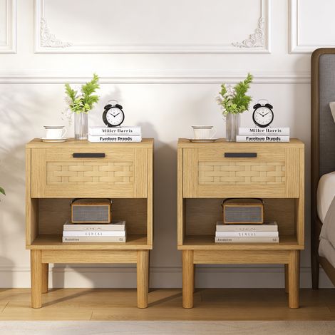Lot de 2 tables de chevet en cannage, Table de nuit moderne avec 1 tiroir et compartiment ouvert, pieds en bois, Table d'appoint 40x30x55cm, Bois Naturel (1/5)
