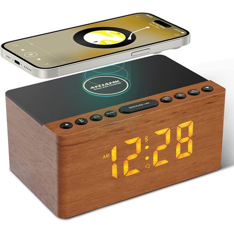 Enceinte Bluetooth Réveil en Bois avec Radio FM,Chargement sans Fil,Port de Charge USB,0-100% Luminosités Réglable,Minuterie de Sommeil,Réveil Numérique Affichage LED (1/5)