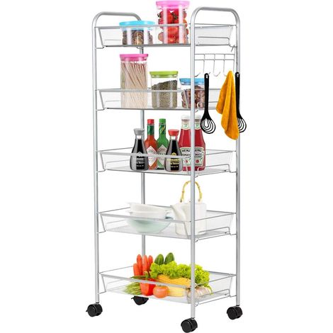 COSTWAY Chariot de Service à roulettes, Chariot de Cuisine avec Panier de Rangement en Maille Métallique à 5 Niveaux, Roues Verrouillables Convient pour Salle de Bain, Cuisine, Bureau (Gris) (1/5)