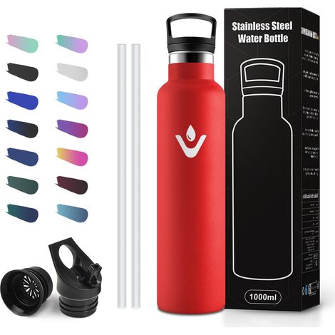 Bouteille Isotherme 1L, Gourde Inox avec Paille, Acier Inoxydable, Étanche, Réutilisable, Sans BPA, pour Voyage, l'École, Cyclisme, Randonnée, Camping et Sport (1/5)