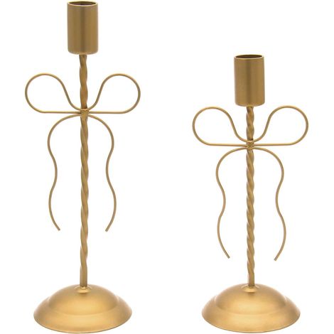 Juego de 2 portavelas dorados, portavelas de metal vintage con motivo de lazo para velas cónicas, centros de mesa decorativos para fotos. (1/5)