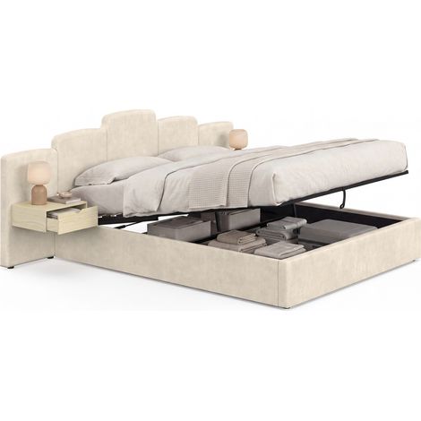 Lit coffre double CLOUD avec tête de lit matelassée + tables de chevet intégrées et sommier 160 x 200 cm velours beige (1/5)