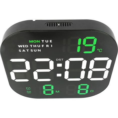 Horloge numérique avec grand écran LED, port USB (5V), télécommande, affichage multifonction de la température et du mois, horloge électronique lumineuse pour bureau et salon, éclairage bicolore vert (1/5)