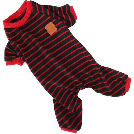 Pyjama pour animaux de compagnie, vêtements en tricot doux, combinaison confortable à rayures rouges pour chiens, chiots et chats, taille XL (120 cm). (1/2)