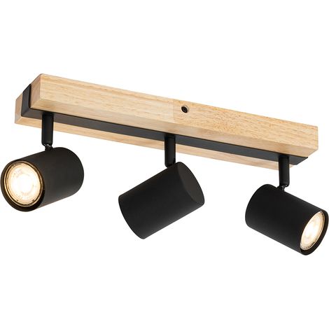 QAZQA Plafonnier noir avec bois 3 lumières réglables