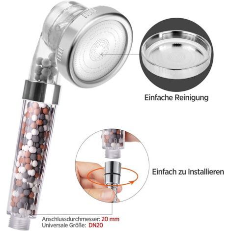Pommeau de Douche, Pommeau Douche Anti Calcaire avec Tuyau Économiseur d'Eau Haute Pression Filtre à Système de Filtrage Ionique (3 Filtration + Tuyau) (1/5)