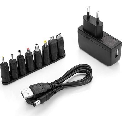 Chargeur USB 5V2A Universel Adaptateur Secteur avec 8 Embouts Connecteur à d'écoupage pour appareils -Noir (1/3)