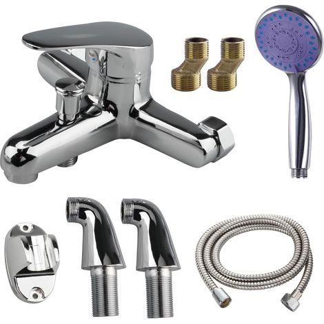 Robinet de baignoire mural - Mitigeur monocommande chaud et froid avec pommeau de douche à main et tuyau 1,5 m - Kit complet de montage pour baignoire et douche (1/5)