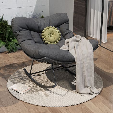Fauteuil à bascule oversize avec coussin épais et cadre en métal – pour piscine, jardin et cour – grande capacité de charge, Gris (1/5)