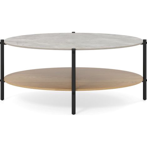 GOPLUS Table Basse Céramique, Table de Salon Rond 2 Niveaux, Vrai Marbre Pierres Composite& Cadre Métallique, Style Moderne pour Entrée, 105 x 65 x 43 cm, Charge 50+40KG, Gris