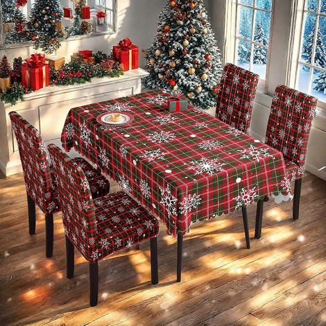 Ensemble nappe et housses de chaises de Noël à carreaux imprimés numériquement, très populaire, référence TC-130 (nappe imperméable 140 x 210 cm + 4 housses de chaises) (1/3)