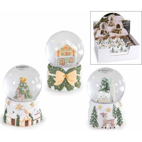 Palle a neve con paesaggio natalizio su base decorata in resina in espositore da 12 pezzi, set da 12 pezzi, Ø 4,5 cm x 6,5 H