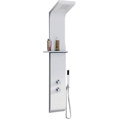 Colonne de douche thermostatique avec porte-savon, douche haute pluie anticalcaire, douchette et flexible – Aquamoon, finition blanche (1/3)