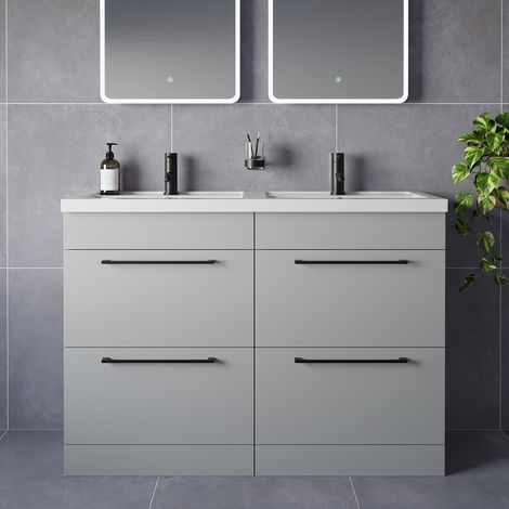 Napoli 390 Gloss Grey Pearl 1200mm 4 Drawer Vanity Unit with Double Lucia Basins - 1200mm - Matt Black 320mm Handle