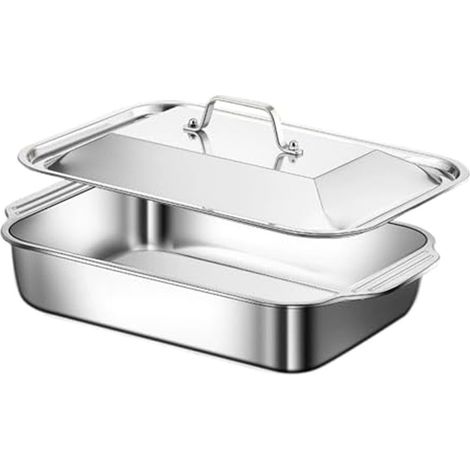 Bandeja para hornear de acero inoxidable de 18x11 pulgadas con tapa, bandeja profunda para asar al horno, para pollo y (1/5)