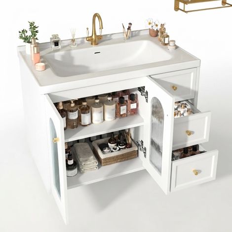 ELVMI Hängender Waschbeckenunterschrank mit 2 Schubladen, Wellglastür und Verstellböden, MDF Weiß, 80x50x58 cm (1/5)