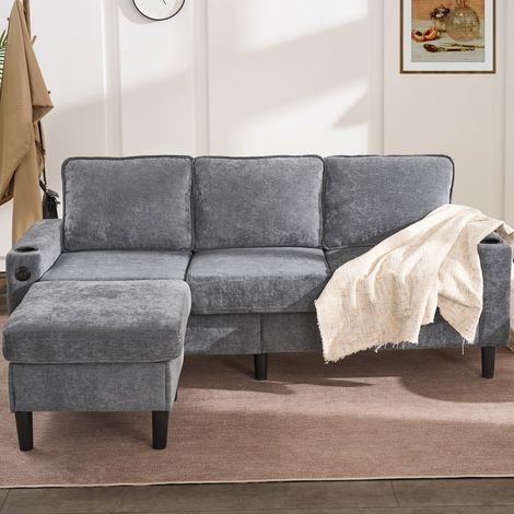 Canapé droit convertible-L avec ports USB et Type-C-reposoirs 3 places-gris lin-200x137x80cm (1/5)