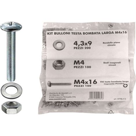 Kit viti testa bombata larga Ø 4 x 16 + dadi + rondelle - 400 pz.