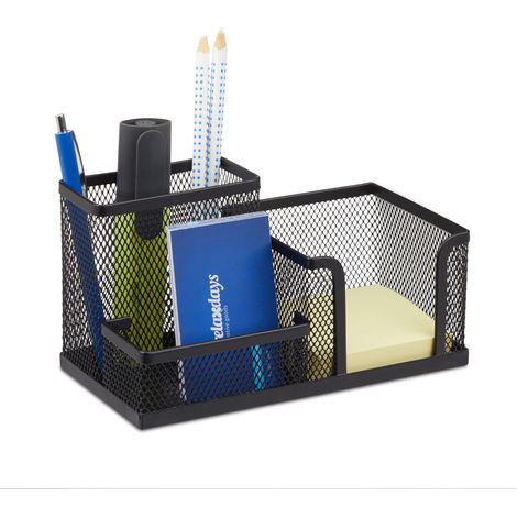 Relaxdays Organiseur de bureau porte-stylos porte-cartes de visite bloc-note maille métal HxlxP: 10 x 18,5 x 9,5cm, noir
