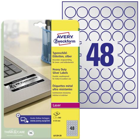 Avery-Zweckform L6129-20 Etiquette plaques signalétiques Ø 30 mm film de polyester argent 960 pc(s) fixation permanente