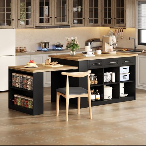 Isla de cocina con mesa extraíble (150x90x90 cm), encimera de efecto madera, MDF, natural y negro (1/5)