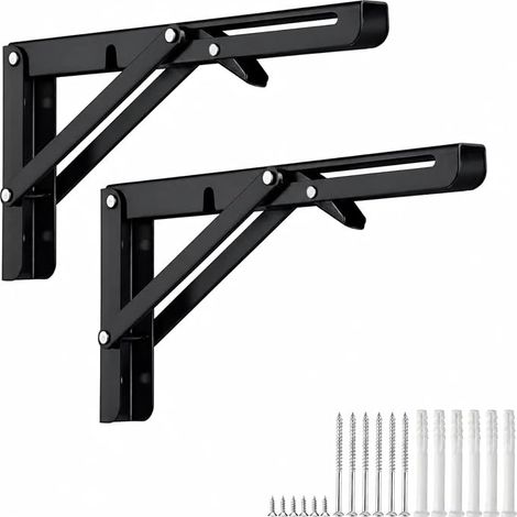 30 cm Folding Shelf Bracket, Stainless Steel, Black, 2 Pieces, Heavy Load, Max 60 kg, Foldable Console for Wall Table, Workbench, Space Saving (1/5)